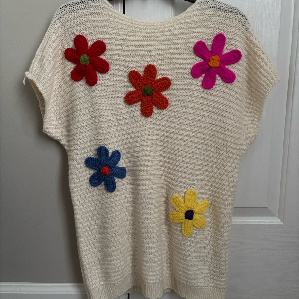 Cream Knit Top with Colorful Flower Appliques